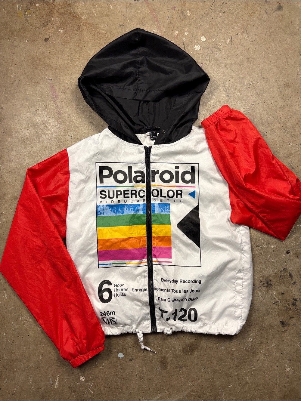 Women's Small Polaroid Rain Jacket - Red, Black & White with Rainbow Graphic
